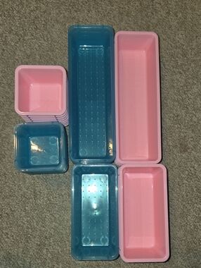 Stackable Pink & Blue Plastic Storage Bins - Set of Small Organizers